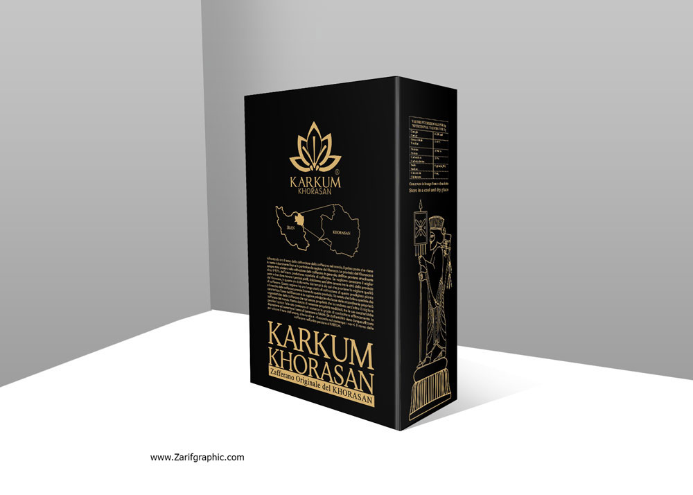 طراحی حرفه ای بسته بندی زعفران کرکوم در ایتالیا با ظریف گرافیک
