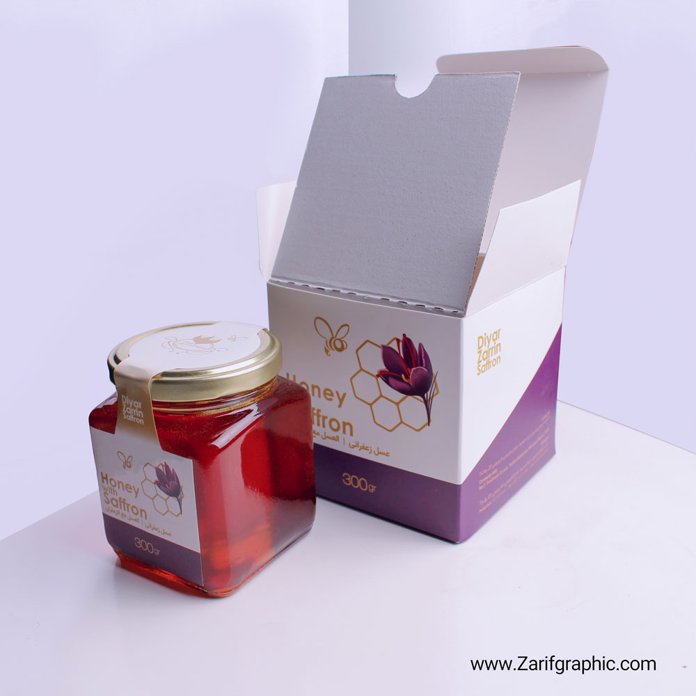 طراحی حرفه ای لیبل و بسته بندی عسل زعفرانی